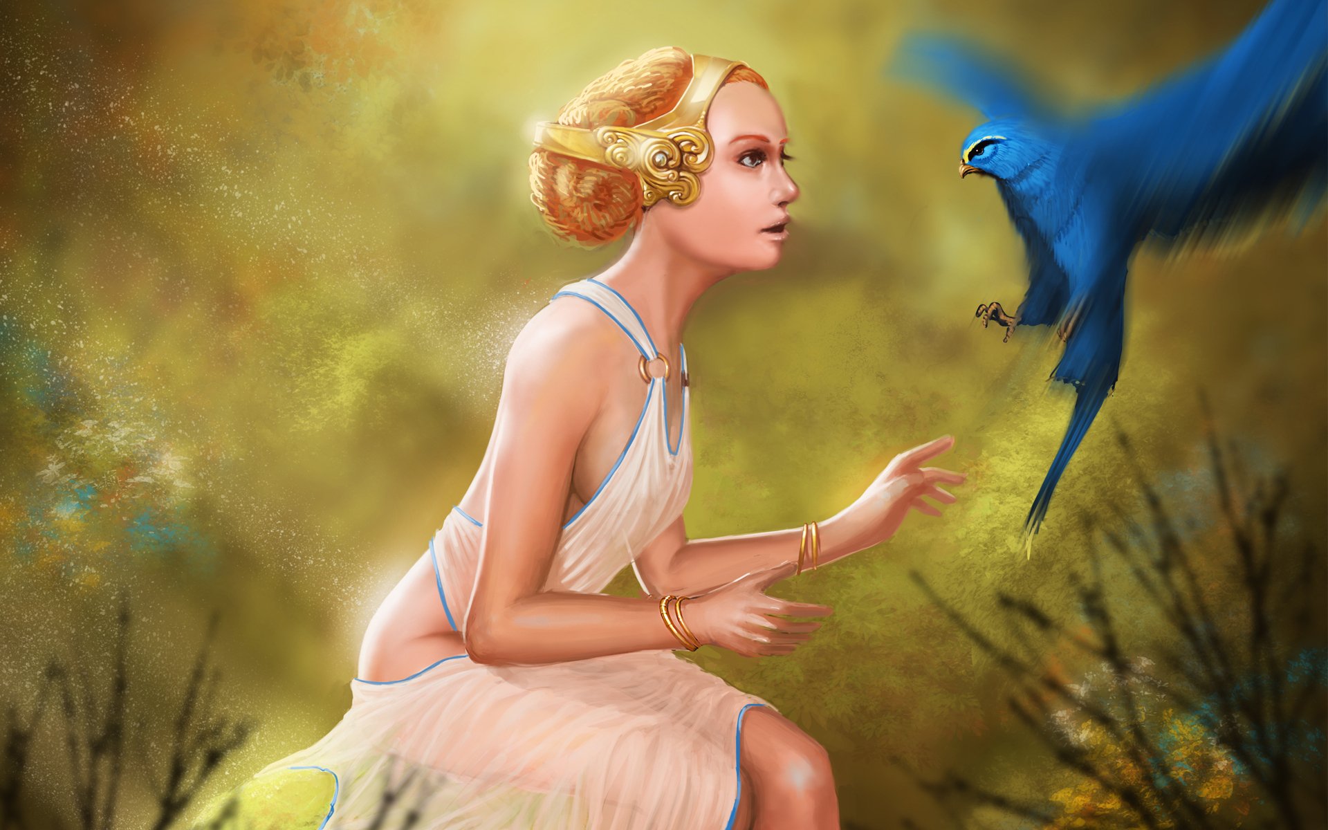 Fantasy-themed HD PC desktop wallpaper featuring a woman in an elegant dress interacting with a vibrant blue bird against a soft, dreamy background.