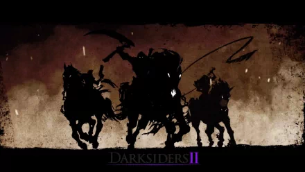 Darksiders II video game HD PC desktop wallpaper/background: three silhouetted horsemen charging toward the viewer against a grungy sepia backdrop with the game's logo.