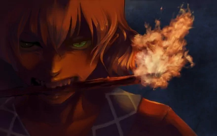 HD PC desktop wallpaper of Parsee Mizuhashi from Touhou: anime close-up, green eyes, biting a flaming pipe with a dark, stormy background.