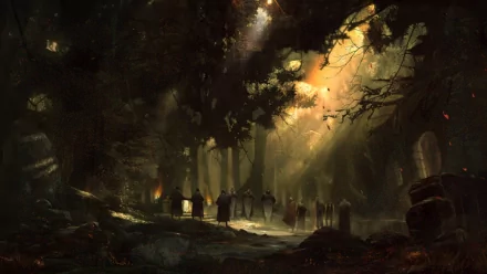 A dark, mystical forest scene with shadowy figures walking through beams of sunlight, captured in a fantasy-themed HD PC desktop wallpaper.