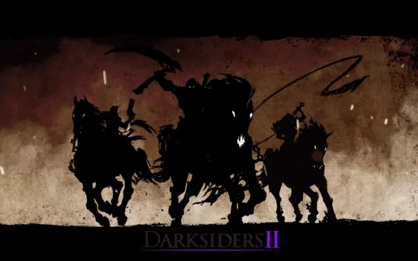 Darksiders II video game HD PC desktop wallpaper/background: three silhouetted horsemen charging toward the viewer against a grungy sepia backdrop with the game's logo.
