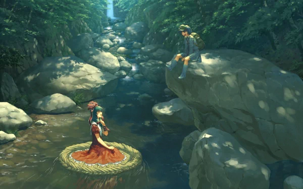 HD PC desktop wallpaper featuring anime characters Nitori Kawashiro and Hina Kagiyama from Touhou, set in a tranquil forest stream with natural rock formations.