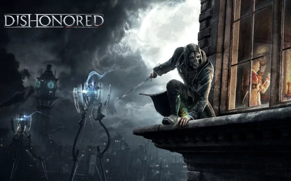 HD desktop wallpaper featuring Corvo Attano from the video game Dishonored. Corvo is perched on a ledge, ready for action against a backdrop of a moonlit cityscape and robotic enemies.