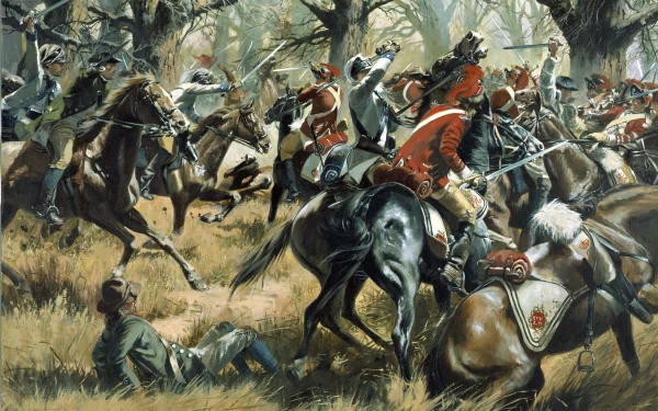 4K Ultra HD fantasy battle scene depicting armored warriors on horseback clashing fiercely in a dense forest, designed as a dynamic PC desktop wallpaper.