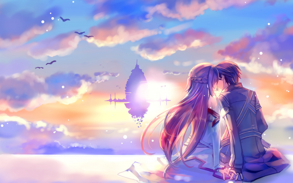 Anime Sword Art Online Asuna Yuuki Kirito Kazuto Kirigaya Aincrad Black Hair Sunset Long Hair Cloud Sky Coat Kiss HD Wallpaper | Background Image