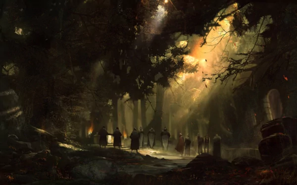 A dark, mystical forest scene with shadowy figures walking through beams of sunlight, captured in a fantasy-themed HD PC desktop wallpaper.