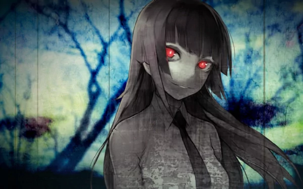 HD PC desktop wallpaper featuring a dark, eerie anime-style character with glowing red eyes, inspired by the video game Phenomeno.
