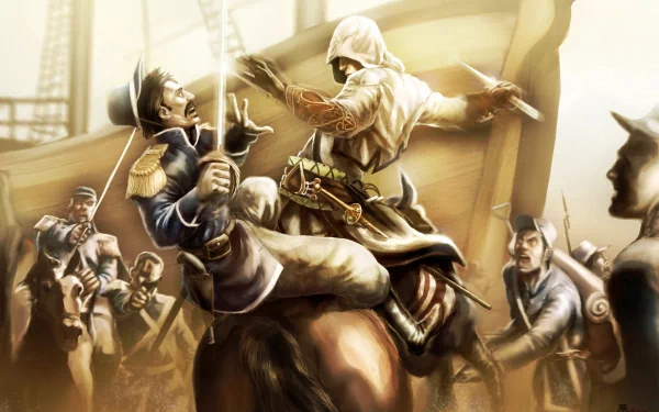 A dramatic scene from Assassin's Creed III, featuring a warrior wielding a sword and knife in battle, surrounded by soldiers amid chaos and warfare. HD PC wallpaper.