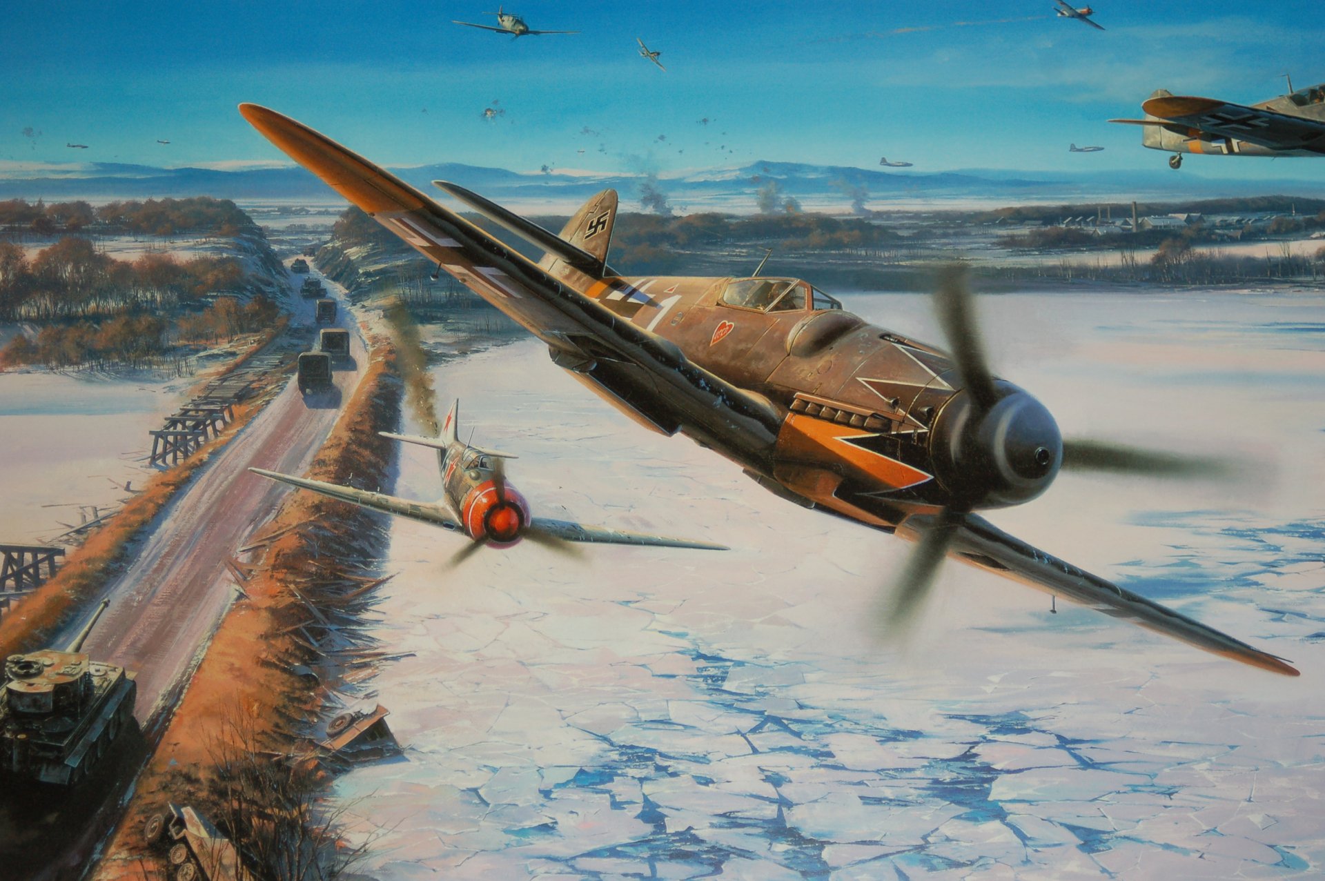 HD desktop wallpaper depicting military aircraft flying over a snowy landscape with a train below, capturing dynamic aerial action in a realistic style.