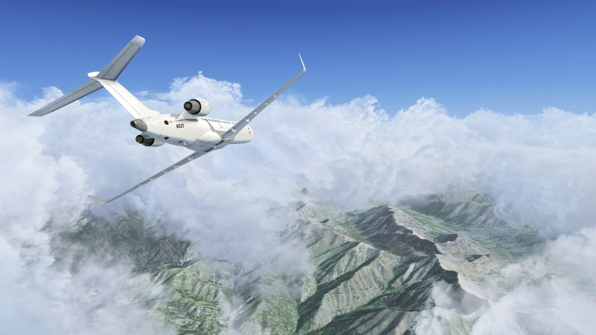 White private jet (vehicle, aircraft) soaring above clouds over rugged mountain peaks under a clear blue sky — 2K Quad HD PC desktop wallpaper and background.