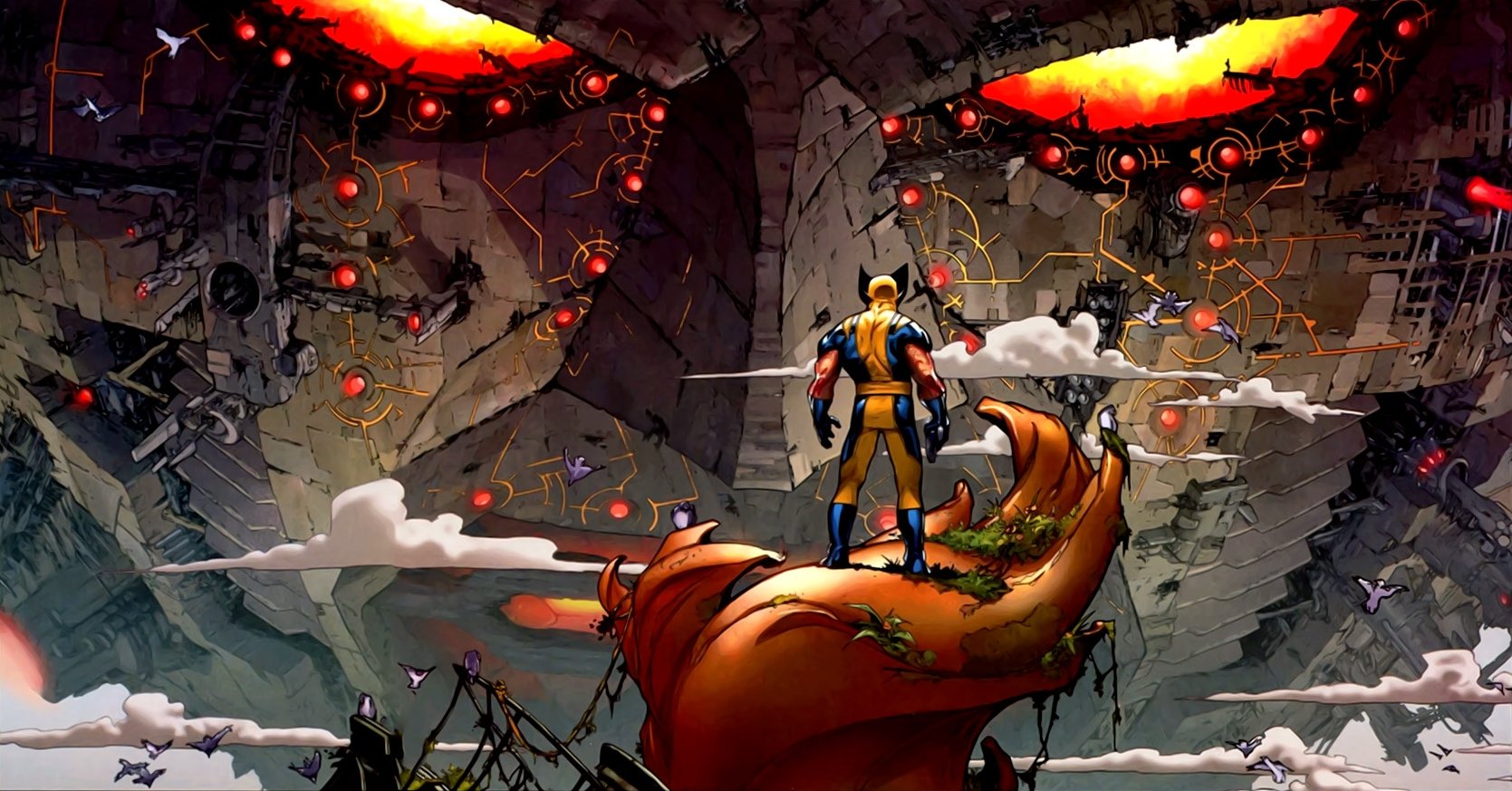 HD PC desktop wallpaper featuring Wolverine from the comic series, standing on a rocky ledge overlooking a fiery, mechanical landscape with glowing red eyes.