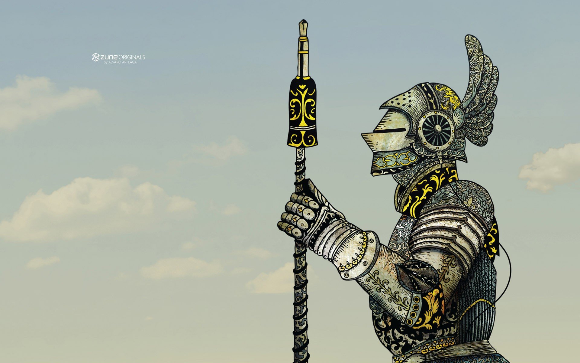 HD PC desktop wallpaper depicting a detailed man-made knight in ornate armor holding a decorated staff, tagged with Zune.