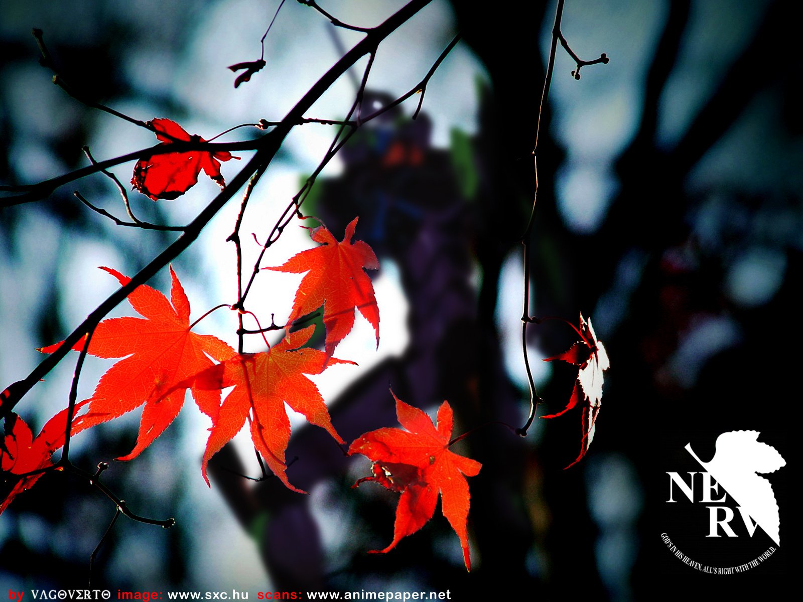 HD PC desktop wallpaper featuring Evangelion Unit-01 from Neon Genesis Evangelion, with vibrant red leaves in the foreground and the NERV logo visible.