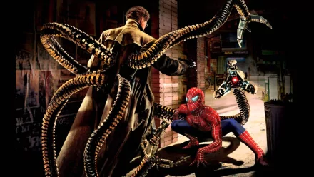 A dramatic scene from Spider-Man 2 featuring Alfred Molina as Doctor Octopus confronting Spider-Man in a tense urban environment, showcasing intense action and iconic characters.