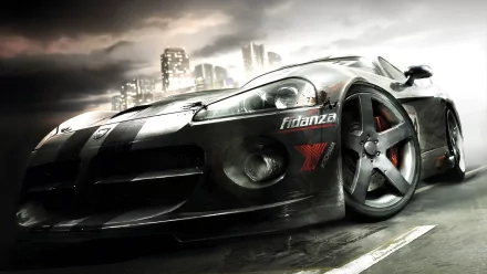 HD PC desktop wallpaper featuring a sleek black sports car from the video game Race Driver: Grid speeding through a rainy urban street with city lights in the background.