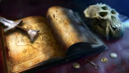 A high-definition desktop wallpaper showcasing elements from The Elder Scrolls V: Skyrim, featuring an ancient map, weathered book, Nordic weapon, skull, coins, and key.