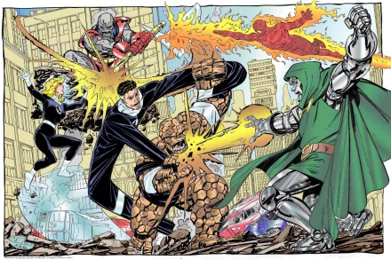 A dynamic HD wallpaper featuring the Fantastic Four—Reed Richards, Susan Storm, Johnny Storm, and The Thing—battling Doctor Doom and Terrax the Tamer in an epic comic scene.