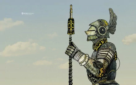 HD PC desktop wallpaper depicting a detailed man-made knight in ornate armor holding a decorated staff, tagged with Zune.