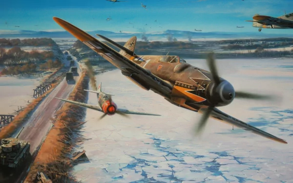 HD desktop wallpaper depicting military aircraft flying over a snowy landscape with a train below, capturing dynamic aerial action in a realistic style.