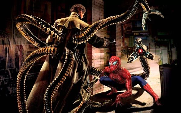 A dramatic scene from Spider-Man 2 featuring Alfred Molina as Doctor Octopus confronting Spider-Man in a tense urban environment, showcasing intense action and iconic characters.