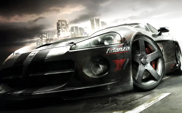 HD PC desktop wallpaper featuring a sleek black sports car from the video game Race Driver: Grid speeding through a rainy urban street with city lights in the background.