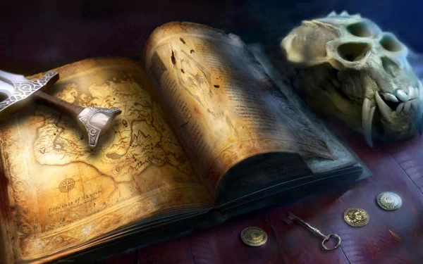 A high-definition desktop wallpaper showcasing elements from The Elder Scrolls V: Skyrim, featuring an ancient map, weathered book, Nordic weapon, skull, coins, and key.