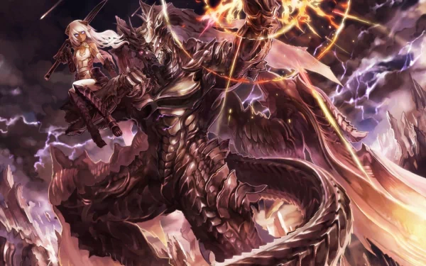 A dramatic HD wallpaper from Pixiv Fantasia V, featuring a powerful dragon warrior with a female companion, set against a backdrop of swirling storms and vibrant energy.