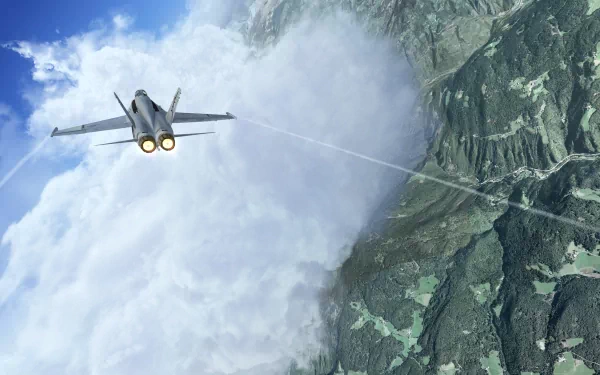 HD PC desktop wallpaper featuring a jet fighter soaring above clouds and a mountainous landscape from the video game Microsoft Flight Simulator.
