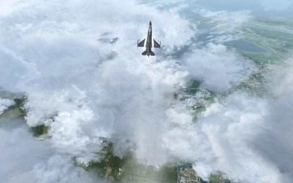 2K Quad HD Microsoft Flight Simulator desktop wallpaper showing a fighter jet climbing through dense clouds above a patchwork countryside.