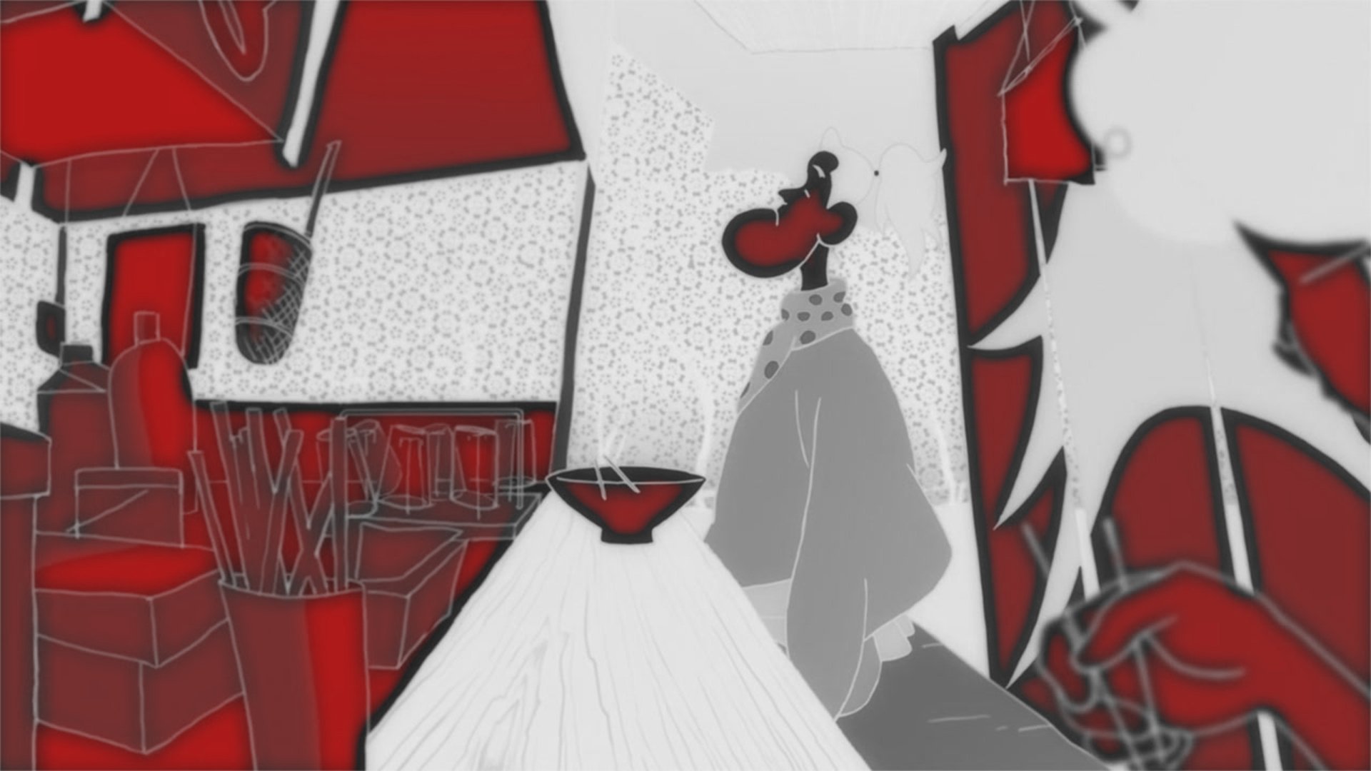 HD PC desktop wallpaper from the anime The Tatami Galaxy, featuring abstract red, white, and gray architectural shapes in a stylized, artistic composition.