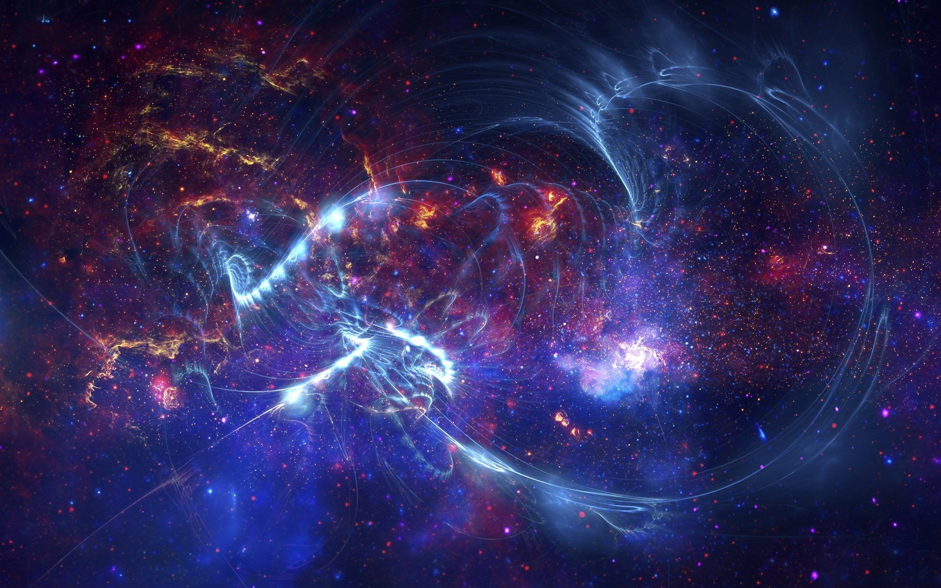 Abstract sci-fi HD desktop wallpaper featuring vibrant cosmic energy swirls and glowing nebulae in deep space with dynamic light trails and futuristic patterns.