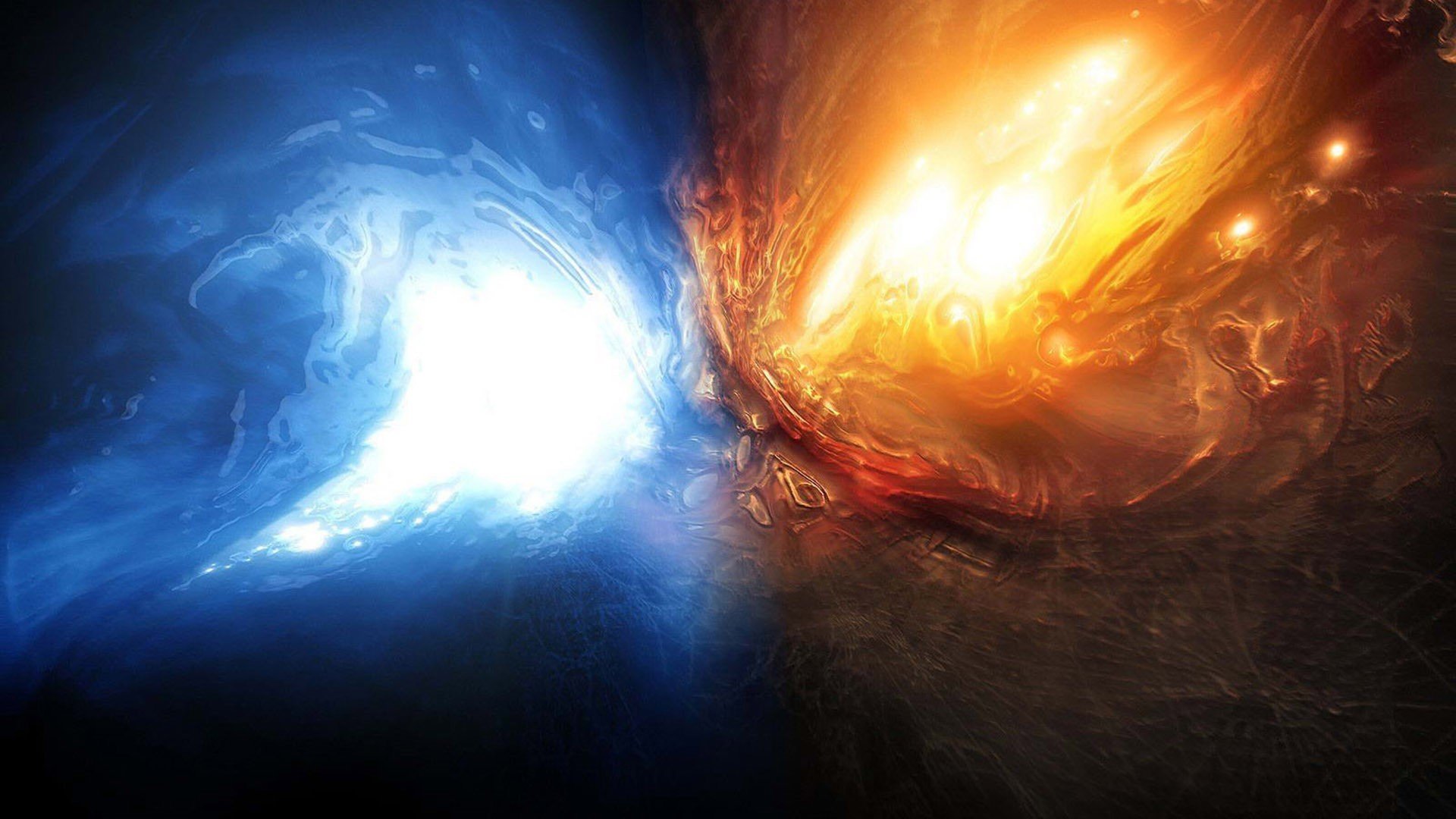 Abstract HD desktop wallpaper depicting a vibrant collision of blue and orange textured shapes, evoking a cosmic universe pattern with dynamic colors and energy.