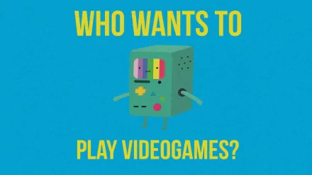 HD PC desktop wallpaper featuring BMO, the playful cartoon character from Adventure Time, with the text Who wants to play videogames? in a vibrant adventure-themed design.