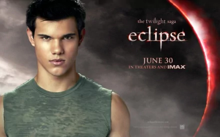 High-definition wallpaper featuring Taylor Lautner as Jacob Black from The Twilight Saga: Eclipse, promoting the film's release on June 30 in theaters and IMAX.