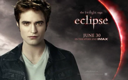 HD wallpaper featuring Edward Cullen from The Twilight Saga: Eclipse, showcasing Robert Pattinson with a dramatic background and the film's release date, June 30.