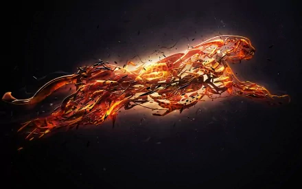 Abstract digital art featuring a fiery, fragmented figure of a leaping cheetah on a dark background. This HD desktop wallpaper exudes energy and motion.