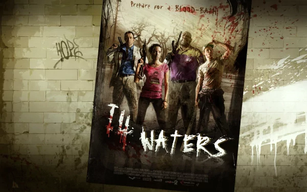 A dynamic HD wallpaper featuring a promotional poster for the video game Left 4 Dead 2, set against a gritty, graffiti-covered wall. Blood and action themes are prominent.