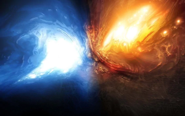 Abstract HD desktop wallpaper depicting a vibrant collision of blue and orange textured shapes, evoking a cosmic universe pattern with dynamic colors and energy.
