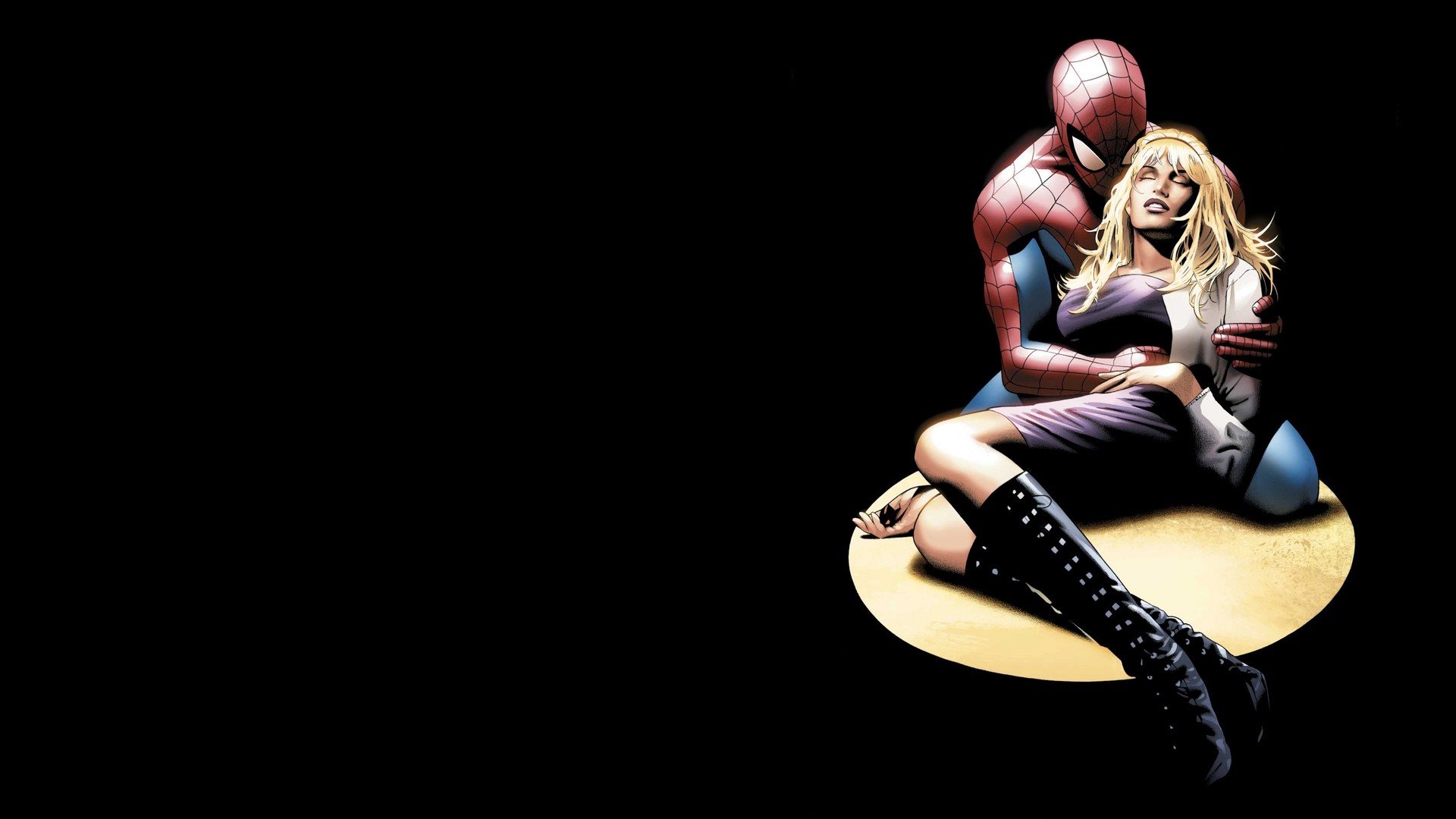 A dramatic comic-style image features Spider-Man embracing a woman, set against a solid black background, making it a striking HD PC desktop wallpaper.