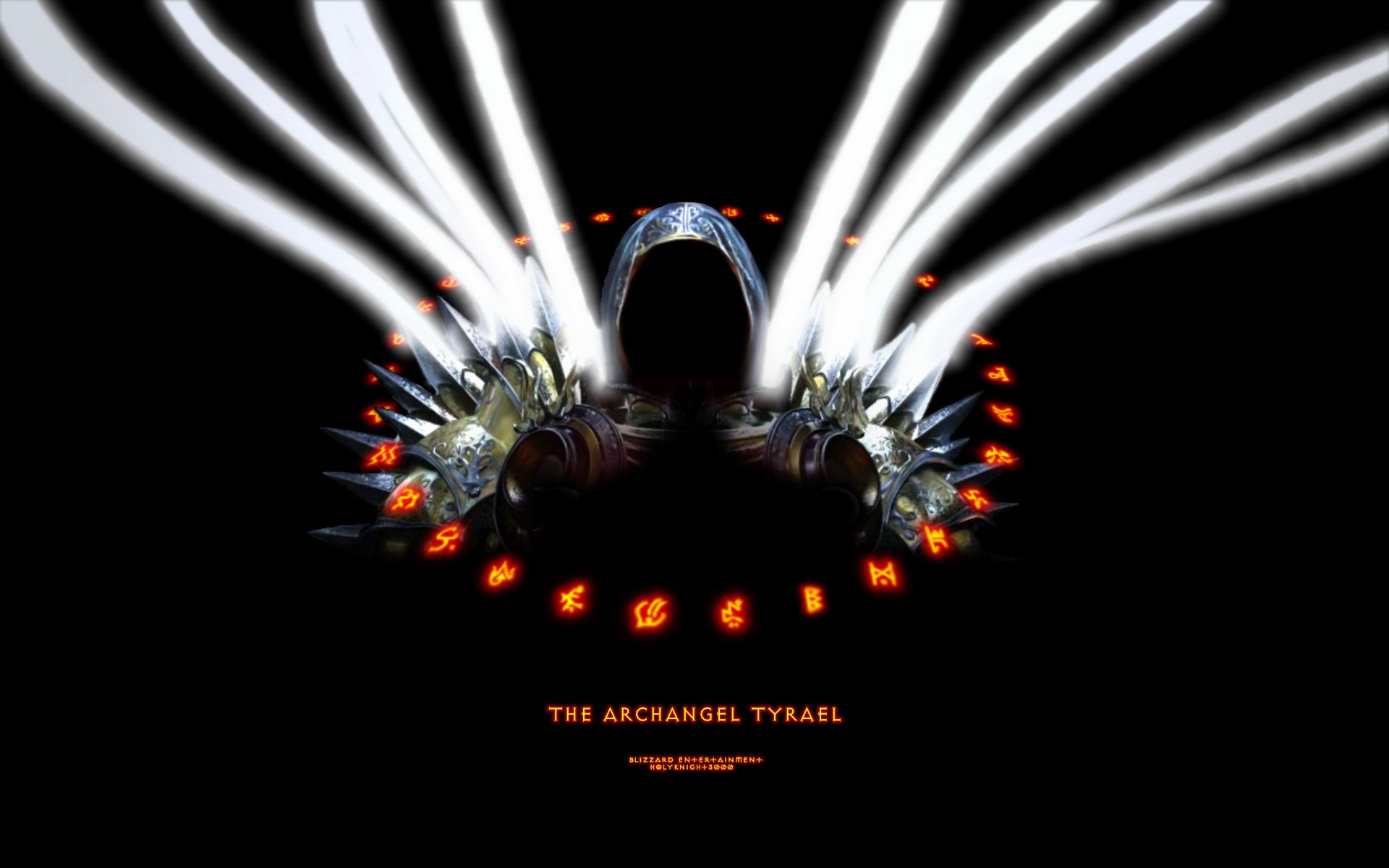 HD PC desktop wallpaper for the video game Diablo III: the Archangel Tyrael in a dark hood with radiant white wing beams and a ring of fiery runes on black background.
