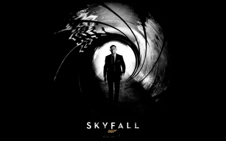 HD desktop wallpaper featuring Daniel Craig as James Bond from the movie Skyfall, depicted walking through the iconic gun barrel sequence in black and white.