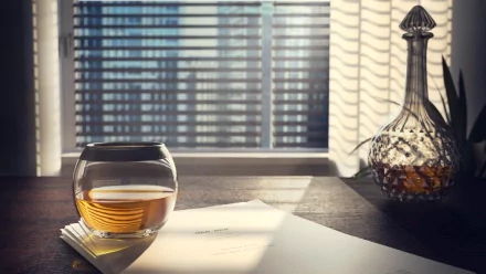 Artistic, classy HD PC desktop wallpaper and background: sunlit desk with a glass of amber whiskey, crystal decanter and papers casting striped shadows from blinds.