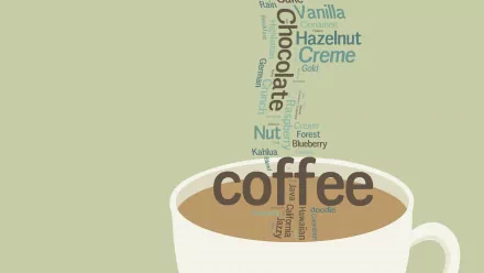 HD desktop wallpaper featuring a coffee cup with various coffee-related words forming steam above it, including chocolate, hazelnut, vanilla, and creme.