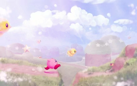 HD PC desktop wallpaper featuring Kirby from the video game series, floating through a pastel-colored, dreamy landscape with clouds and star-shaped elements.