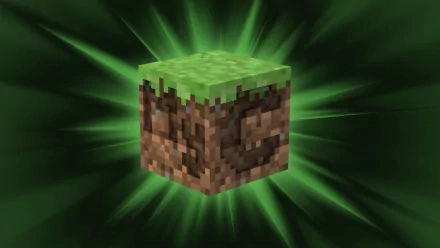 HD desktop wallpaper showcasing a glowing Minecraft grass block against a green, radiant background, emphasizing the iconic graphic style of Mojang's video game, Minecraft.