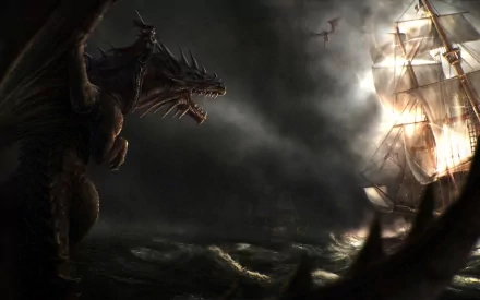 A dark fantasy battle scene on turbulent water, featuring a fierce dragon confronting an illuminated ship under stormy skies, rendered as an HD PC desktop wallpaper.