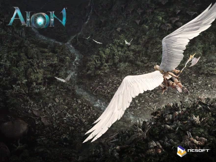 HD PC desktop wallpaper featuring a winged warrior from the video game AION soaring over a dark, mountainous landscape with scattered birds in flight.