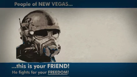 A striking HD wallpaper from the video game Fallout, featuring a character in a gas mask, with a message emphasizing friendship and freedom in the world of New Vegas.