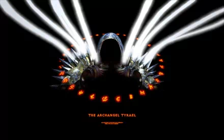 HD PC desktop wallpaper for the video game Diablo III: the Archangel Tyrael in a dark hood with radiant white wing beams and a ring of fiery runes on black background.