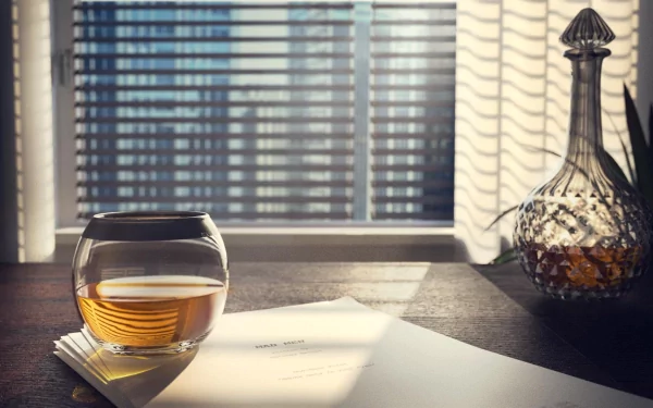 Artistic, classy HD PC desktop wallpaper and background: sunlit desk with a glass of amber whiskey, crystal decanter and papers casting striped shadows from blinds.